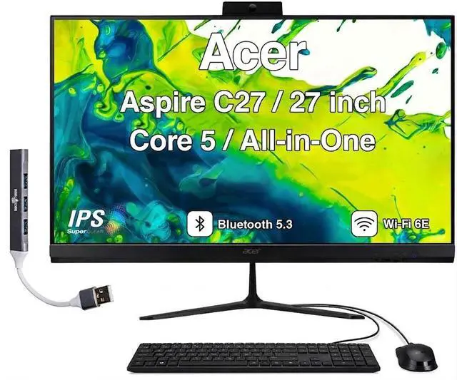 Main image of Acer Aspire C27 Professional All-in-One 27" IPS FHD Display (Intel Core 5 120U, 16GB DDR5, 1TB PCIe SSD, Integrated Graphics, WiFi 6E, Webcam, Bluetooth 5.3, Win 11 Pro) w/DKZ USB Port Expander