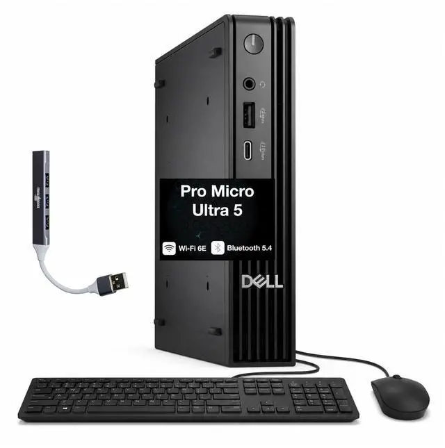 Main image of Dell Pro Micro QCM1250 AI Business Mini Desktop (Intel Ultra 5-235T, Integrated Graphics, 8GB DDR5, 1TB M.2 PCIe SSD, WiFi 6E, Bluetooth 5.4, 90W PSU, RJ-45, Win 11 Home) w/DKZ USB Port Expander