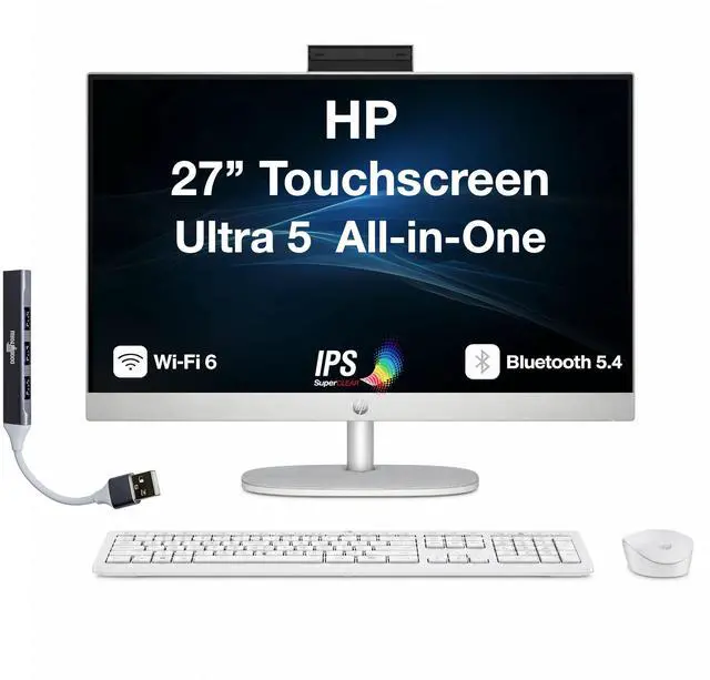 Main image of HP 27 AI PC All-in-One 27" Touchscreen IPS FHD Display (Intel Ultra 5-225U, 8GB DDR5, 512GB SSD, Intel Graphics, WiFi 6, Webcam, Bluetooth 5.4, Win 11 Home) w/DKZ USB Port Expander
