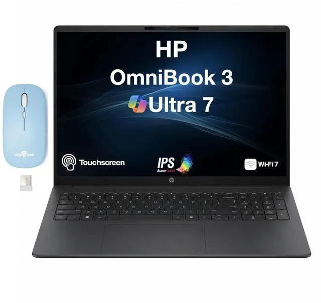 Main image of HP OmniBook 3 Copilot + Laptop 16.0" Touchscreen IPS WUXGA Display (Intel Ultra 7-255U, 64GB DDR5, 2TB PCIe SSD, Intel Graphics, WiFi 7, Webcam, Bluetooth 5.4, Win 11 Pro) w/Dockztorm Wireless Mouse
