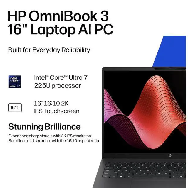 Alt view image 7 of 7 - HP OmniBook 3 Copilot + Laptop 16.0" Touchscreen IPS WUXGA Display (Intel Ultra 7-255U, 64GB DDR5, 2TB PCIe SSD, Intel Graphics, WiFi 7, Webcam, Bluetooth 5.4, Win 11 Pro) w/Dockztorm Wireless Mouse