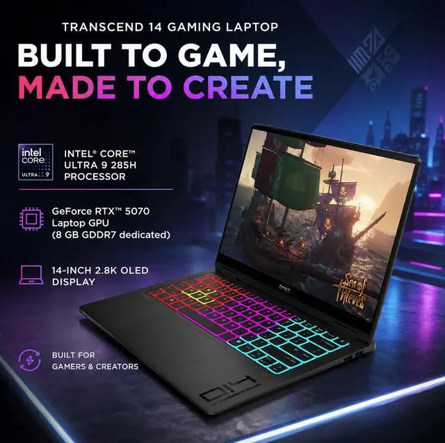 Alt view image 2 of 5 - HP OMEN Transcend AI Gaming Laptop 14.0" 120Hz OLED 2.8K Display (Intel Ultra 9-285H, NVIDIA GeForce RTX 5070 8GB, 32GB LPDDR5X, 2TB PCIe SSD, RGB KB, Win 11 Pro) w/Dockztorm Wireless Mouse
