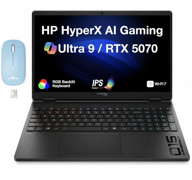 Main image of HP OMEN HyperX AI Gaming Laptop 15.3" 180Hz IPS WQXGA Display (Intel Ultra 9- 275HX, GeForce RTX 5070 8GB, 32GB DDR5, 1TB SSD, RGB KB, WiFi 7, Webcam, Win 11 Home) w/Dockztorm Wireless Mouse