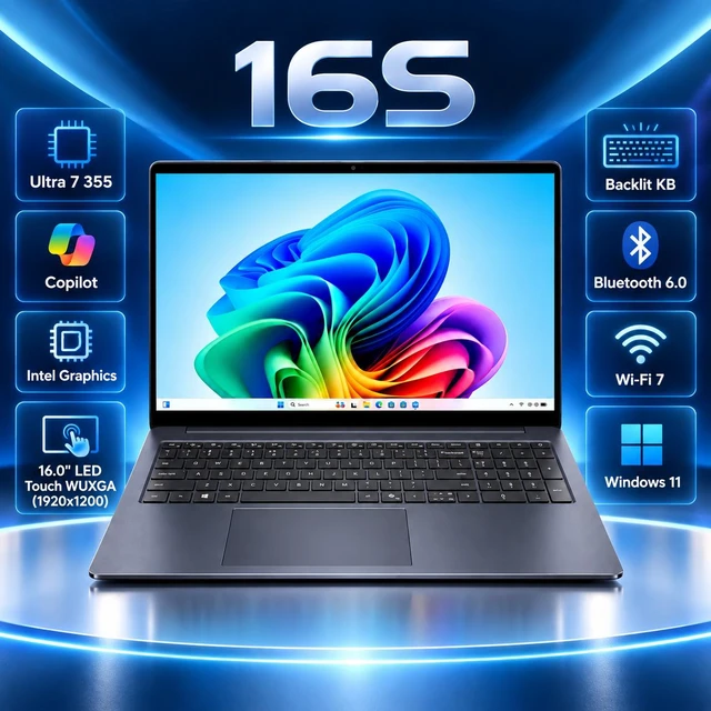 Alt view image 2 of 7 - Dell 16S Copilot + Laptop 16.0" Touchscreen LED WUXGA Display (Intel Ultra 7 355, 16GB LPDDR5X, 2TB PCIe SSD, Intel Graphics, Backlit KB, 2 Thunderbolt 4, Win 11 Home) w/Dockztorm Wireless Mouse