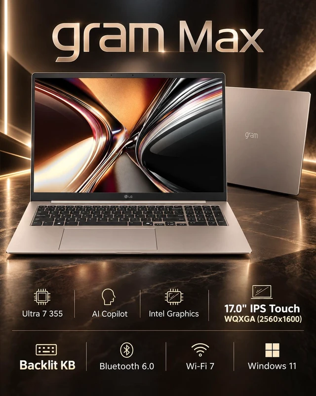 Alt view image 3 of 7 - LG gram Max Copilot + Laptop 17.0" Touchscreen IPS WQXGA Display (Intel Ultra 7 355, 16GB LPDDR5X, 2TB PCIe SSD, Intel Graphics, Backlit KB, 2 Thunderbolt 4, Win 11 Pro) w/Dockztorm Wireless Mouse