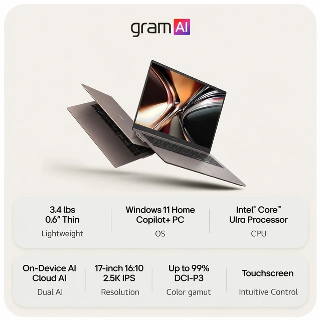 Alt view image 4 of 7 - LG gram Max Copilot + Laptop 17.0" Touchscreen IPS WQXGA Display (Intel Ultra 7 355, 16GB LPDDR5X, 2TB PCIe SSD, Intel Graphics, Backlit KB, 2 Thunderbolt 4, Win 11 Pro) w/Dockztorm Wireless Mouse