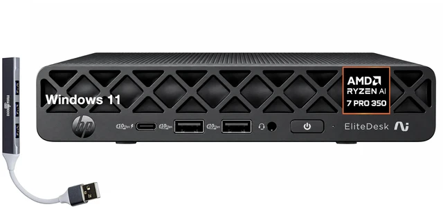 Main image of HP EliteDesk 8 Mini G1a AI PC Mini Desktop (AMD Ryzen AI 7 PRO 350, AMD Radeon 860M, 32GB DDR5, 512GB PCIe SSD, WiFi 7, Bluetooth 5.4, 90W PSU, RJ-45, Win 11 Pro) w/DKZ USB Port Expander