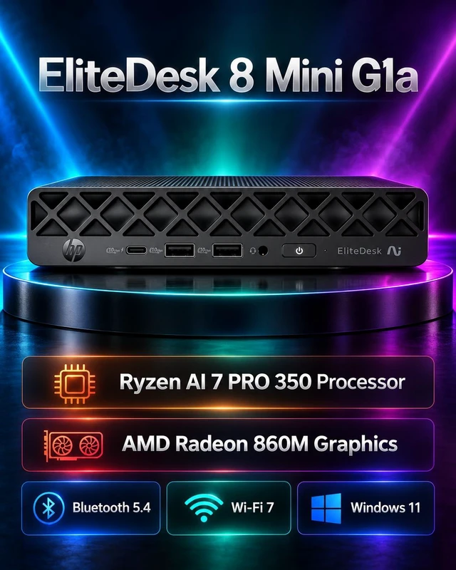 Alt view image 3 of 7 - HP EliteDesk 8 Mini G1a AI PC Mini Desktop (AMD Ryzen AI 7 PRO 350, AMD Radeon 860M, 32GB DDR5, 512GB PCIe SSD, WiFi 7, Bluetooth 5.4, 90W PSU, RJ-45, Win 11 Pro) w/DKZ USB Port Expander