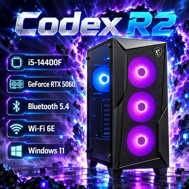 Alt view image 3 of 7 - MSI Codex R2 Gaming Desktop PC (Intel i5-14400F, GeForce RTX 5060 8GB GDDR7, 32GB DDR5, 1TB PCIe SSD, RGB Fans, 650W PSU, WiFi 6E, Bluetooth 5.4, RJ-45, Win 11 Pro) w/DKZ USB Port Expander