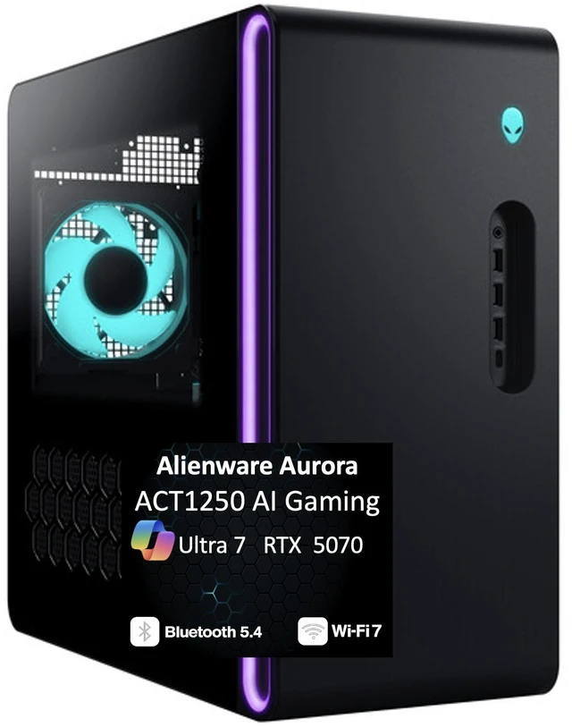 Main image of Alienware Aurora ACT1250 AI Gaming Desktop PC (Intel Ultra 7 265F, NVIDIA GeForce RTX 5070 12GB GDDR7, 32GB DDR5, 1TB SSD, RGB Fans, 1000W PSU, WiFi 7, Bluetooth 5.4, RJ-45, Win 11 Home) (Renewed)