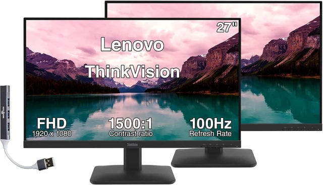 Main image of Lenovo ThinkVision 27" FHD IPS Monitor, 4ms Response Time, Anti-Glare, Flicker-Free, 100Hz Refresh Rate, VESA Mount (100 x 100 mm), VGA, HDMI & Dockztorm USB Port Expander, Black Color 2-Pack