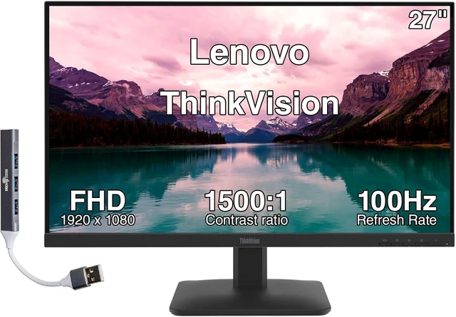 Main image of Lenovo ThinkVision 27" FHD IPS Monitor, 4ms Response Time, Anti-Glare, Flicker-Free, 100Hz Refresh Rate, VESA Mount (100 x 100 mm), VGA, HDMI & Dockztorm USB Port Expander, Black Color