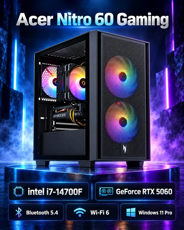 Alt view image 2 of 7 - Acer Nitro 60 Gaming Desktop PC (Intel i7-14700F, GeForce RTX 5060 8GB GDDR7, 16GB DDR5, 4TB PCIe SSD, RGB Fans, 650W PSU, WiFi 6, Bluetooth 5.4, RJ-45, Win 11 Pro) w/DKZ USB Port Expander