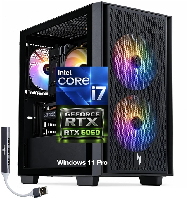 Main image of Acer Nitro 60 Gaming Desktop PC (Intel i7-14700F, GeForce RTX 5060 8GB GDDR7, 16GB DDR5, 4TB PCIe SSD, RGB Fans, 650W PSU, WiFi 6, Bluetooth 5.4, RJ-45, Win 11 Pro) w/DKZ USB Port Expander