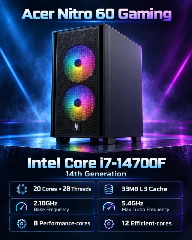 Alt view image 3 of 7 - Acer Nitro 60 Gaming Desktop PC (Intel i7-14700F, GeForce RTX 5060 8GB GDDR7, 16GB DDR5, 4TB PCIe SSD, RGB Fans, 650W PSU, WiFi 6, Bluetooth 5.4, RJ-45, Win 11 Pro) w/DKZ USB Port Expander
