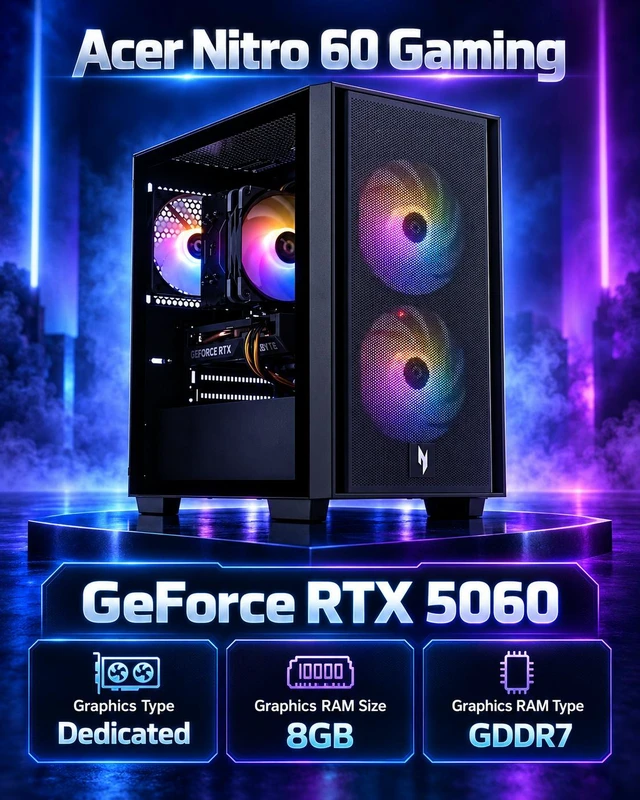 Alt view image 4 of 7 - Acer Nitro 60 Gaming Desktop PC (Intel i7-14700F, GeForce RTX 5060 8GB GDDR7, 16GB DDR5, 4TB PCIe SSD, RGB Fans, 650W PSU, WiFi 6, Bluetooth 5.4, RJ-45, Win 11 Pro) w/DKZ USB Port Expander