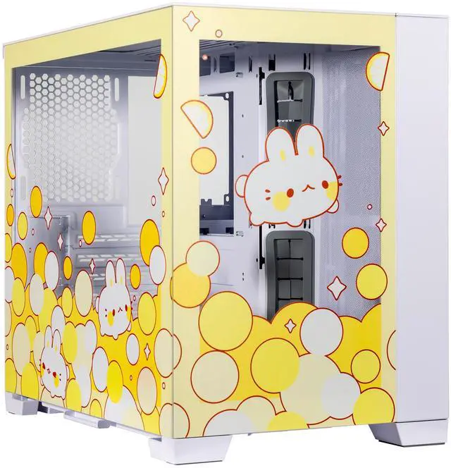Main image of Velztorm Fruity Bunny Custom Art Aluminum Tempered Glass O11 Dynamic Mini Yellow Gaming Computer Case, Supports Mini-ITX, Micro-ATX, and ATX Motherboard Sizes, O11D Mini-S