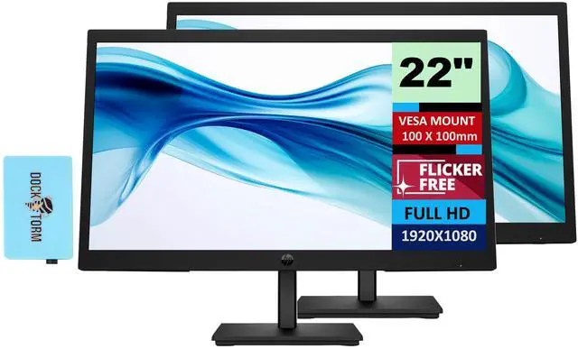 Main image of HP Series 3 Pro 21.45 inch FHD Monitor Bundle With Docztorm Dock, 21.45" FHD IPS (1920x1080) 100Hz Display, VESA Mount (100x100mm), Ideal for Home & Business (2 Pack)
