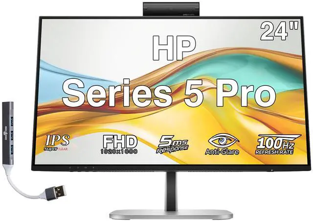Main image of HP Series 5 Pro 24" FHD IPS Monitor with 5ms Response Time, Anti-Glare, Flicker Free, 350 nits Brightness, VESA Mount (100mm), Displayport, HDMI & Dockztorm USB Port Expander, Black/Silver