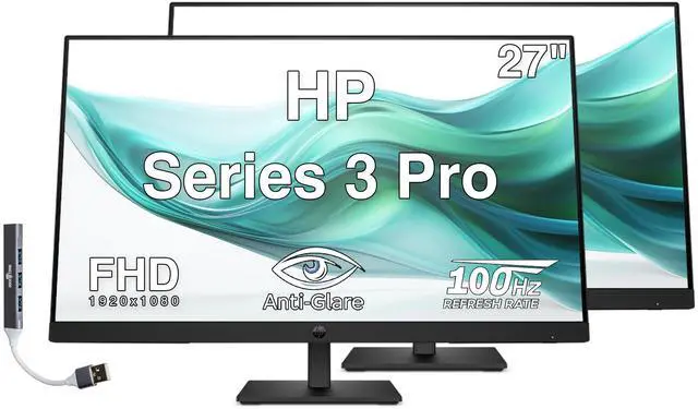 Main image of HP Series 3 Pro 27" FHD IPS Monitor with 5ms Response Time, Anti-Glare, Flicker Free, 250 nits Brightness, VESA Mount (100mm), Displayport, HDMI & Dockztorm USB Port Expander, Black Color 2 Pack