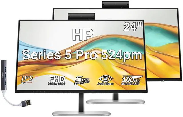 Main image of HP Series 5 Pro 524pm 24" FHD IPS Monitor with 5ms Response Time, Anti-Glare, Flicker Free, VESA Mount (100mm), Displayport, HDMI & Dockztorm USB Port Expander, Black/Silver (9E0G9UT#ABA) 2 Pack