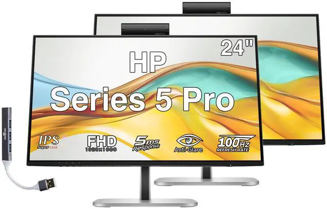 Main image of HP Series 5 Pro 24" FHD IPS Monitor with 5ms Response Time, Anti-Glare, Flicker Free, 350 nits Brightness, VESA Mount (100mm), Displayport, HDMI & Dockztorm USB Port Expander, Black/Silver 2 Pack