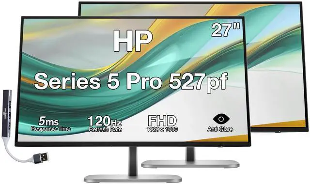Main image of HP Series 5 Pro 27" FHD IPS Monitor With 5ms Response Time, Anti Glare, Flicker Free, Swivel, Pivot, VESA Mount (100mm), Displayport, HDMI & Dockztorm USB Port Expander, Black Color 2 Pack