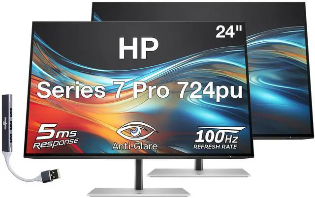 Main image of HP Series 7 Pro 724pu 24" WUXGA IPS Monitor with 5ms Response Time, Anti-Glare, Flicker Free, VESA Mount (100mm), Displayport, HDMI & Dockztorm USB Port Expander, Black/Silver (8Y2F7AA#ABA) 2 Pack