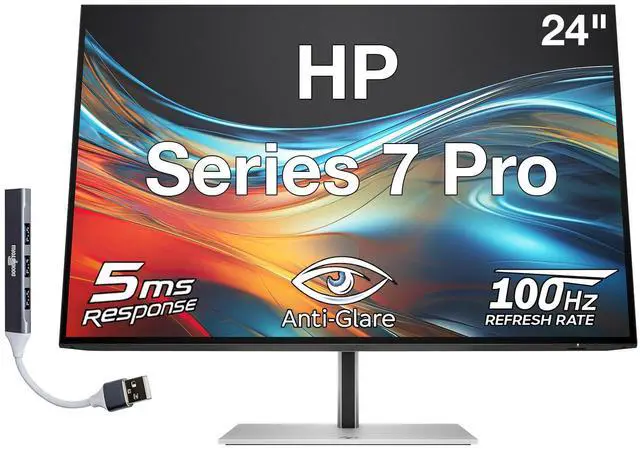 Main image of HP Series 7 Pro 24" WUXGA IPS Monitor with 5ms Response Time, Anti-Glare, Flicker Free, 350 nits Brightness, VESA Mount (100mm), Displayport, HDMI & Dockztorm USB Port Expander, Black/Silver