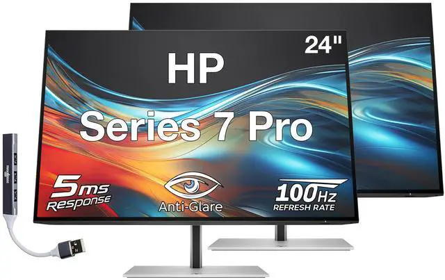 Main image of HP Series 7 Pro 24" WUXGA IPS Monitor with 5ms Response Time, Anti-Glare, Flicker Free, 350 nits Brightness, VESA Mount (100mm), Displayport, HDMI & Dockztorm USB Port Expander, Black/Silver 2 Pack
