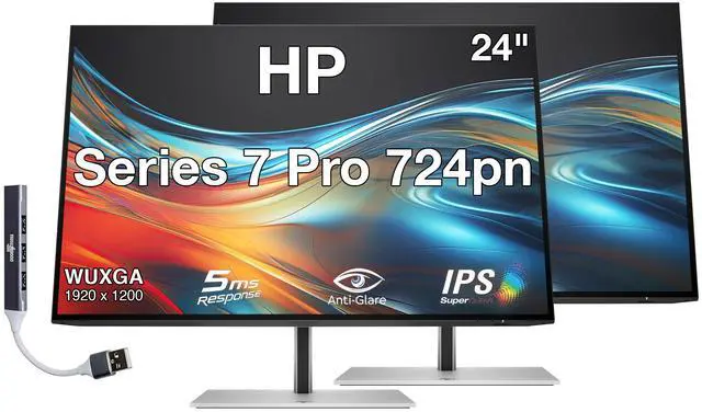 Main image of HP Series 7 Pro 724pn 24" WUXGA IPS Monitor With 5ms Response Time, Anti Glare, Flicker Free, VESA Mount (100mm), Displayport, HDMI & Dockztorm USB Port Expander, Black/Silver (8X534AA#ABA) 2 Pack