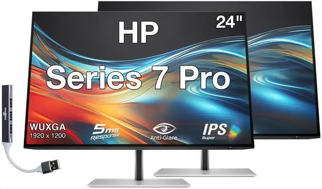Main image of HP Series 7 Pro 24" WUXGA IPS Monitor With 5ms Response Time, Anti Glare, Flicker Free, Pivot, 350 Nits, VESA Mount (100mm), Displayport, HDMI & Dockztorm USB Port Expander, Black/Silver Color 2 Pack