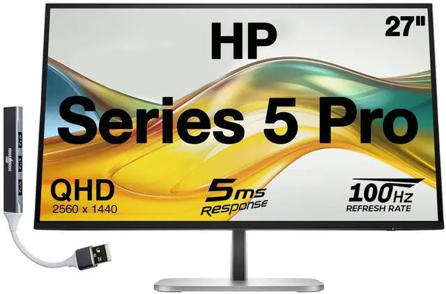 Main image of HP Series 5 Pro 27" QHD IPS Monitor With 5ms Response Time, Anti Glare, Flicker Free, 350 Brightness Nits, Pivot, VESA Mount (100mm), Displayport, HDMI & Dockztorm USB Port Expander, Silver/Black