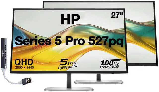 Main image of HP Series 5 Pro 527pq 27" QHD IPS Monitor With 5ms Response Time, Anti Glare, Flicker Free, Pivot, VESA Mount (100mm), Displayport, HDMI & Dockztorm USB Port Expander, Silver/Black (9D9S0UT#ABA) 2Pack