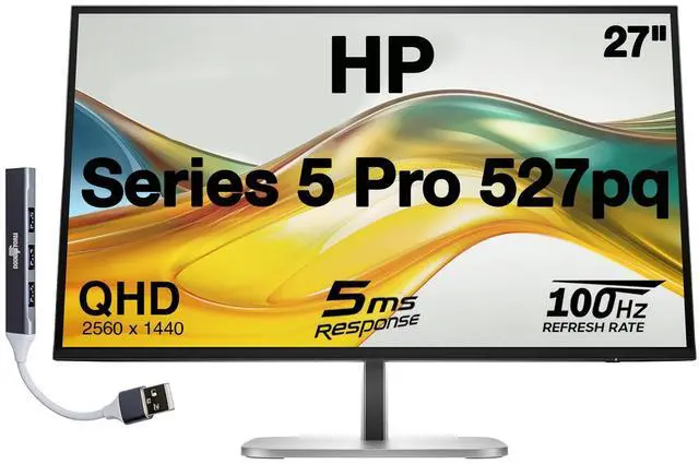 Main image of HP Series 5 Pro 527pq 27" QHD IPS Monitor With 5ms Response Time, Anti Glare, Flicker Free, Pivot, VESA Mount (100mm), Displayport, HDMI & Dockztorm USB Port Expander, Silver/Black (9D9S0UT#ABA)
