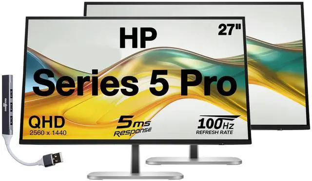 Main image of HP Series 5 Pro 27" QHD IPS Monitor With 5ms Response Time, Anti Glare, Flicker Free, 350 Brightness Nits, VESA Mount (100mm), Displayport, HDMI & Dockztorm USB Port Expander, Silver/Black, 2 Pack