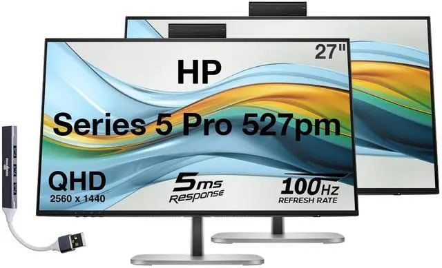 Main image of HP Series 5 Pro 527pm 27" QHD IPS Monitor With 5ms Response Time, Anti Glare, Flicker Free, VESA Mount (100mm), Displayport, HDMI & Dockztorm USB Port Expander, Black/Silver (9E0Y9UT#ABA) 2 Pack