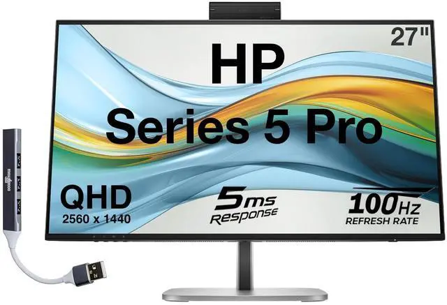 Main image of HP Series 5 Pro 27" QHD IPS Monitor With 5ms Response Time, Anti Glare, Flicker Free, 350 Brightness Nits, VESA Mount (100mm), Displayport, HDMI & Dockztorm USB Port Expander, Black/Silver