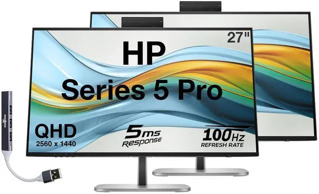 Main image of HP Series 5 Pro 27" QHD IPS Monitor With 5ms Response Time, Anti Glare, Flicker Free, 350 Brightness Nits, VESA Mount (100mm), Displayport, HDMI & Dockztorm USB Port Expander, Black/Silver 2 Pack