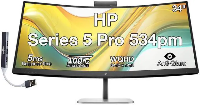 Main image of HP Series 5 Pro 534pm 34" WQHD VA Monitor with 5ms Response Time, Anti Glare, Flicker Free, VESA Mount (100mm), Displayport, HDMI & Dockztorm USB Port Expander, Black/Silver (9E0Z2UT#ABA)