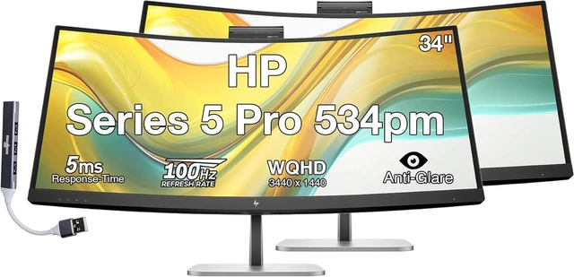 Main image of HP Series 5 Pro 534pm 34" WQHD VA Monitor with 5ms Response Time, Anti Glare, Flicker Free, VESA Mount (100mm), Displayport, HDMI & Dockztorm USB Port Expander, Black/Silver (9E0Z2UT#ABA) 2 Pack