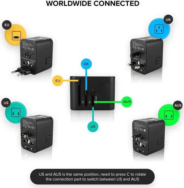 Alt view image 6 of 7 - Worldwide All in One Universal USB charger (4 USB charging ports) with Wall AC Power Plug Travel Adapter for over 150 countries including USA/EU/UK/AUS with black pouch by MichaelElectronics2 (Black)