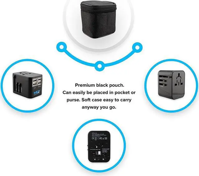 Alt view image 3 of 7 - Worldwide All in One Universal USB charger (4 USB charging ports) with Wall AC Power Plug Travel Adapter for over 150 countries including USA/EU/UK/AUS with black pouch by MichaelElectronics2 (Black)
