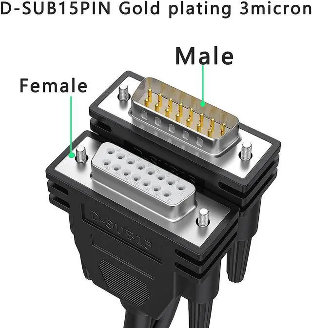 Alt view image 3 of 7 - DB15 Male to Male Cable Foil Shielding and Tinned Copper Braid 5 Foot Black D-SUB 15 PIN RS232 Serial Cable 26AWG (5feet /1.5M, Male to Male)
