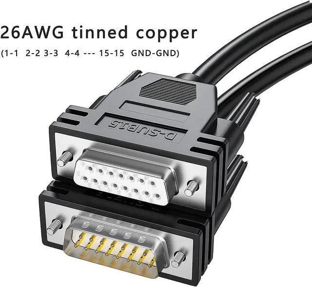 Alt view image 6 of 7 - DB15 Male to Male Cable Foil Shielding and Tinned Copper Braid 5 Foot Black D-SUB 15 PIN RS232 Serial Cable 26AWG (5feet /1.5M, Male to Male)