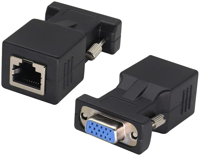 Main image of 2-Pack RJ45 to VGA Adapter, 15-Pin VGA Female to RJ45 Female Port Cat5 Cat6 Cat7 Ethernet Support 720P, 1080I, 1080P Analog High-Definition Format Transmission for Multimedia Video