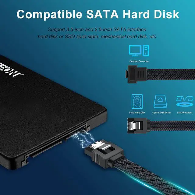 Alt view image 4 of 7 - Electop SATA III Cable 6Gbps 90 Degree Right Angle HDD SDD Data Cable SATA 3.0 Nylon Braided Cable with Locking Latch for SATA HDD SSD CD Driver CD Writer(20 Inch Black 5 Pack)