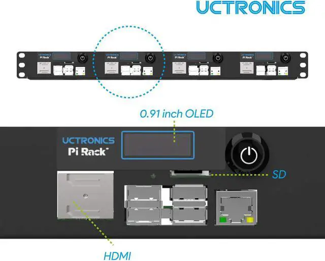 Alt view image 4 of 6 - UCTRONICS Ultimate Rack with PoE Functionality for Raspberry Pi 4, 19" 1U Rackmount with PoE HAT, All IO on One Side, OLED Display, Power Switch, and Cooling Fan