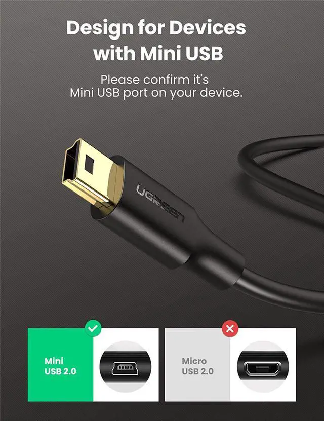 Alt view image 2 of 7 - UGREEN Mini USB Cable, A-Male to Mini-B Cord USB 2.0 Charger Cable Compatible with GoPro Hero 3+, PS3 Controller, Digital Camera, Dash Cam, MP3 Player, GPS Receiver, Garmin Nuvi GPS, SatNav, PDA 3FT