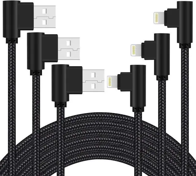 Main image of iPhone Charger 3 feet MFi Certified 3 Pack 90 Degree Nylon Braided Lightning Cable Right Angle Charging Cord for iPhone14 13 12 11 Pro X XS XR 8 Plus 7 6 5 and More (Black 3 FT)